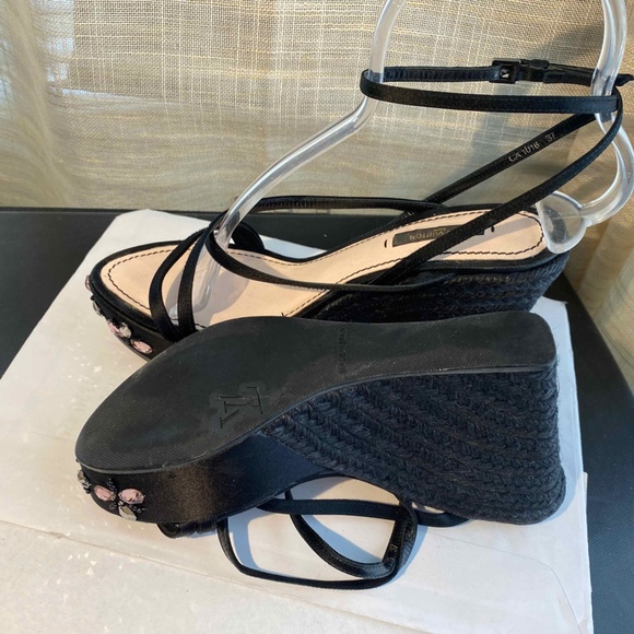 LOUIS VUITTON BLACK ESPADRILLE WEDGE SATIN STRAP CLEAR FAUX STONES PLATFORM 37-7 - Picture 13 of 14
